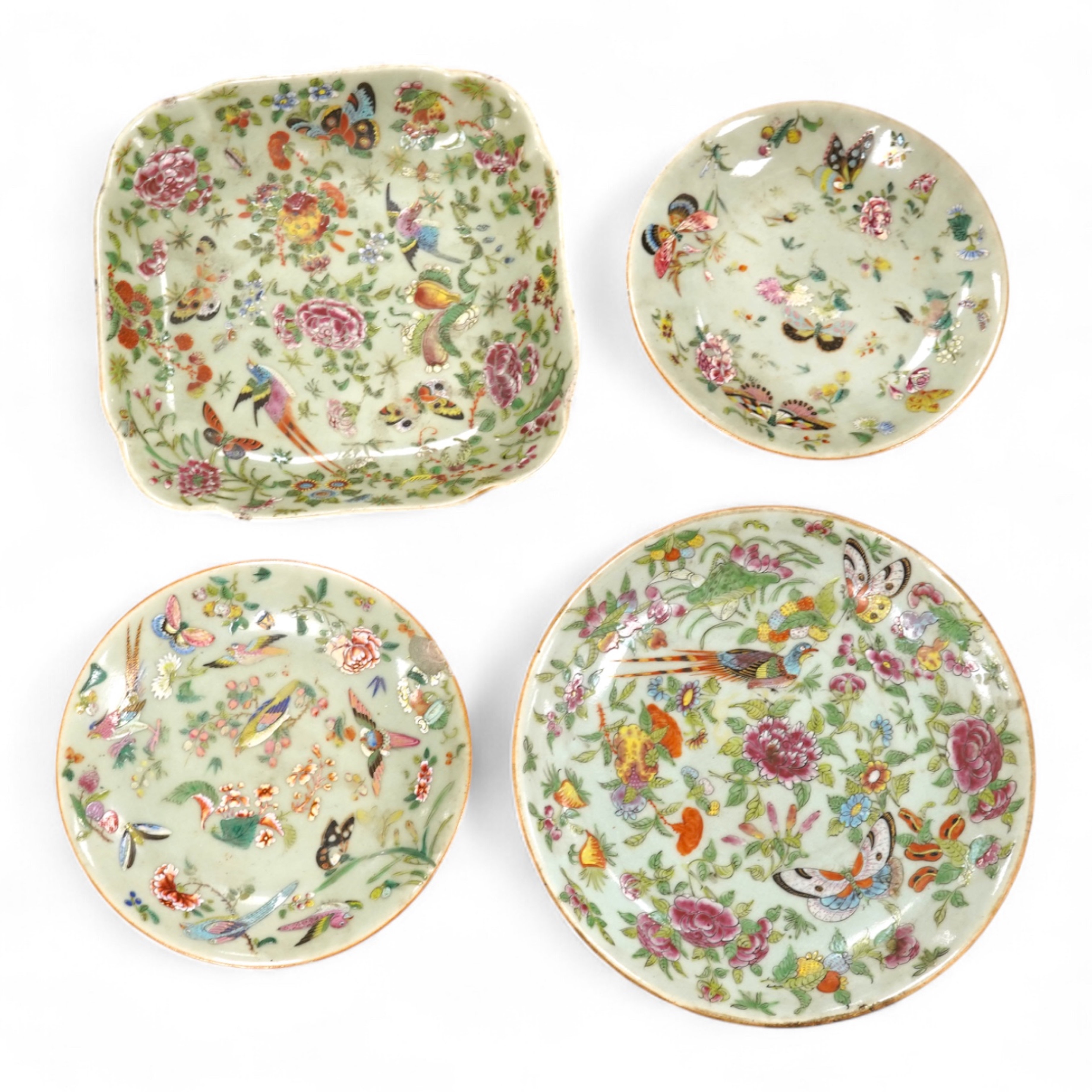Four 19th century Chinese famille rose celadon ground dishes, largest 25cm